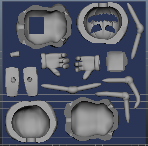 Model parts split and laid out for printing