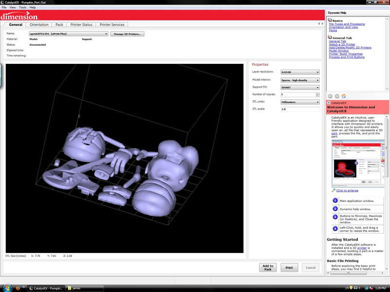 Printing software showing model layout