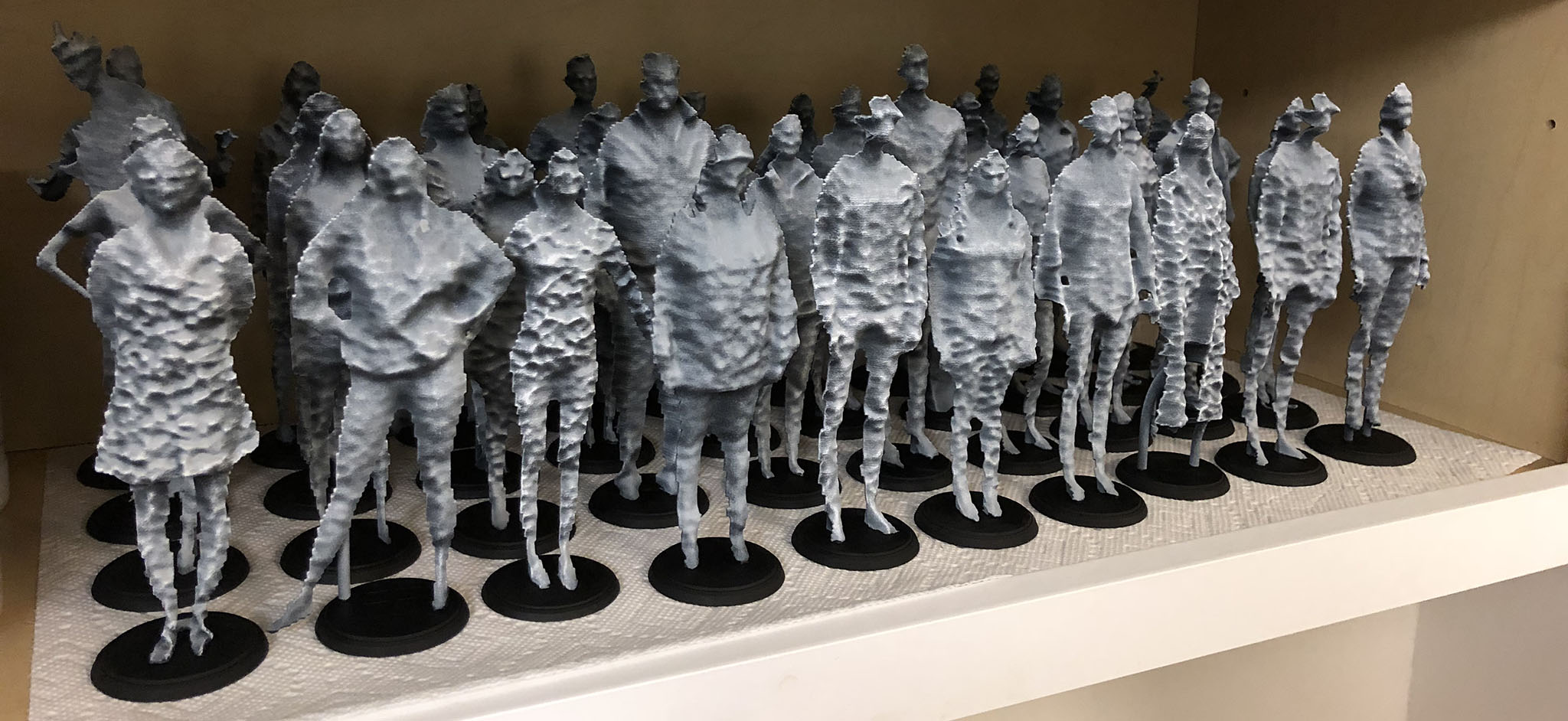 Completed 3D-printed sculptures after washing, priming, and painting